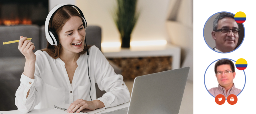 Mujer con una diadema al frente de un computador portátil. Al lado, fotografías de docentes investigadores.