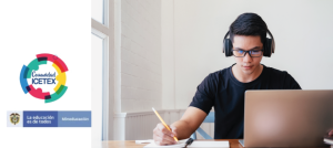 Joven estudiante en frente a un computador portátil. Al lado, imagen de ICETEX .