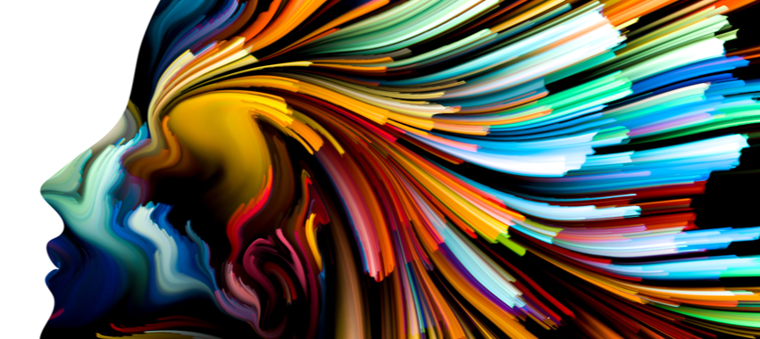 Silueta de rostro humano con capas de diferentes colores.