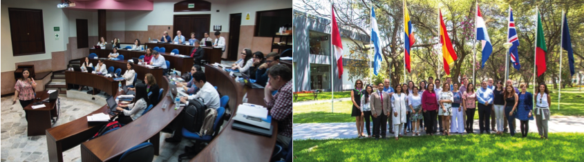 Grupos de personas y banderas de países.