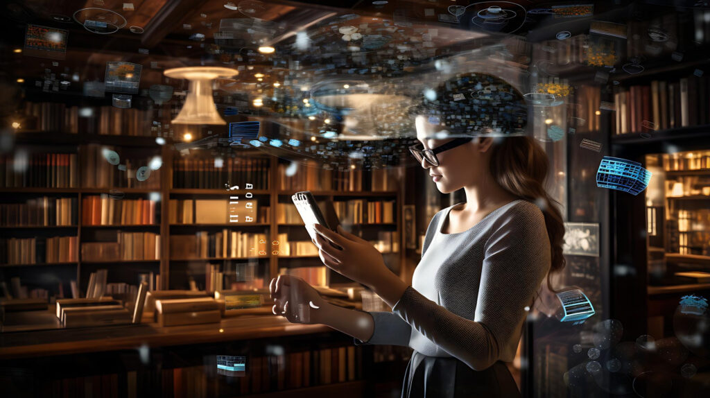 Mujer sosteniendo un dispositivo móvil en una biblioteca