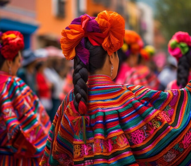 Grupo de mujeres con trajes coloridos tradicionales tejidos.