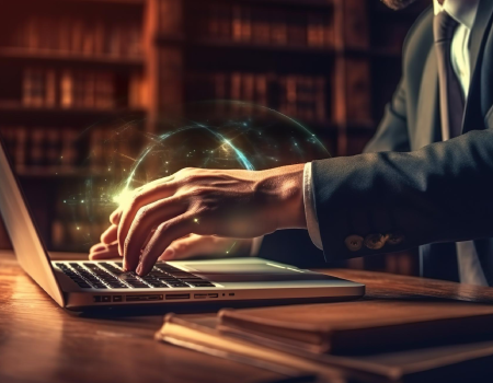 Manos escribiendo en un computador portátil.