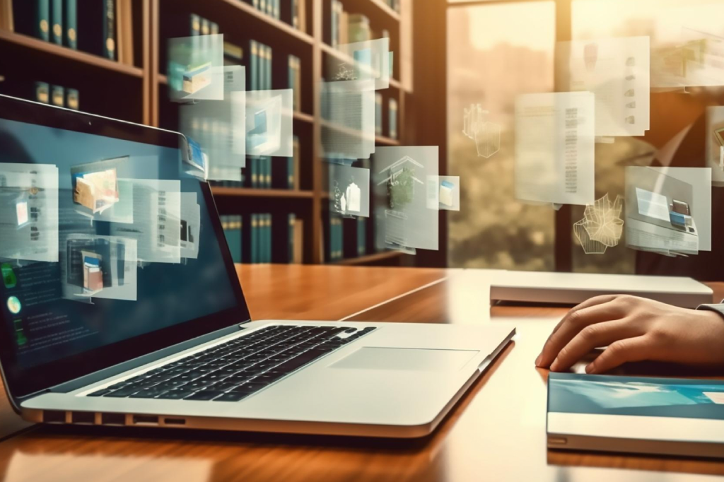 Computador portátil en una biblioteca.