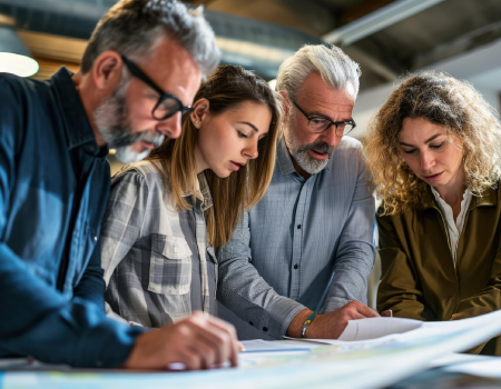 Grupo de personas revisando documentos sobre una mesa.