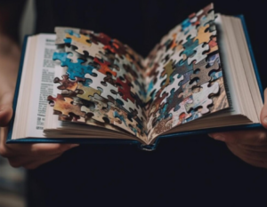 Partes de un rompecabeza formando dos páginas de un libro abierto.
