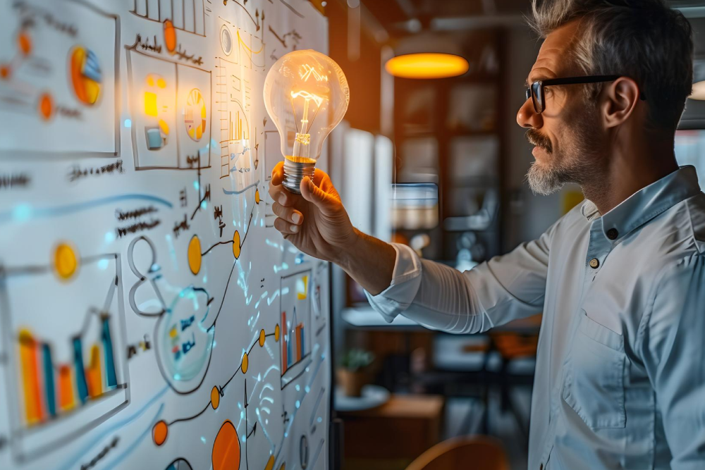 Experto en mercadeo revisar información en una pizarra.