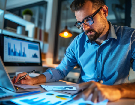 Economista analizando gráficos estadísticos