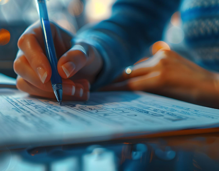 Persona que completa una prueba de conocimiento utilizando un lapicero que sostiene con su mano y lleva a una hoja de respuestas.