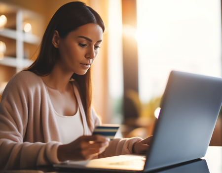 Mujer al frente de un computador portátil sostiene una tarjeta de crédito.