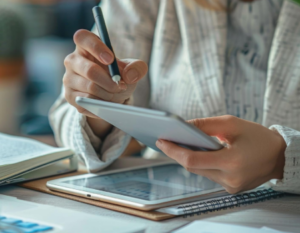 Persona sosteniendo un lápiz óptico con una mano y con la otra una tableta.