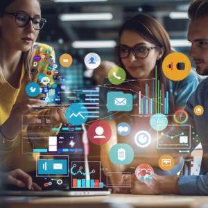 Grupo de personas interactuando con redes sociales representadas en íconos y gráficos en realidad aumentada.