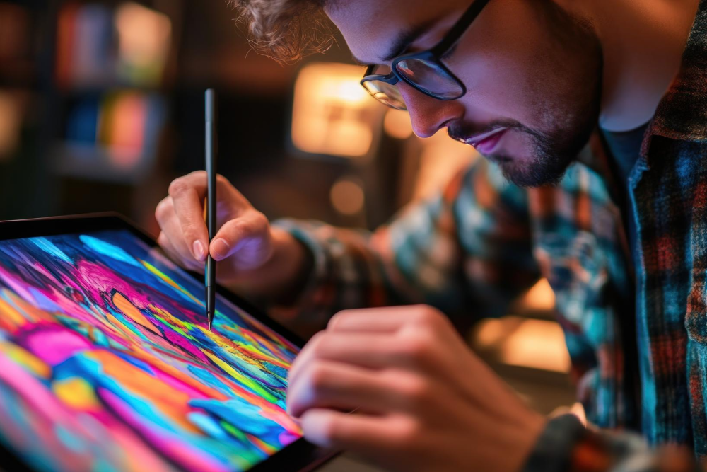Diseñador digital de anteojos ilustrando con un lápiz óptico sobre una tableta digitalizadora.