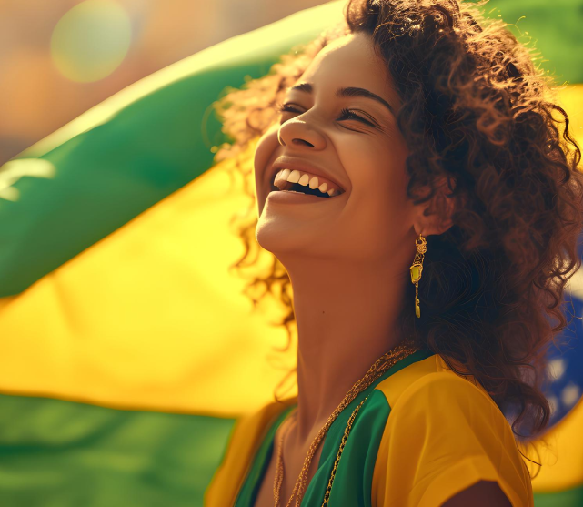 Mujer sonriendo con la bandera de Brasil en el fondo.
