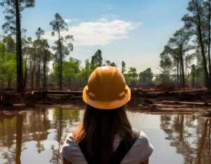 Mujer con un casco amarillo mira un horizonte donde se encuentra una laguna y árboles altos en el fondo.