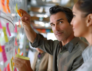 Hombre en un entorno empresarial manipulando un tablero de control de seguimiento de proyectos.