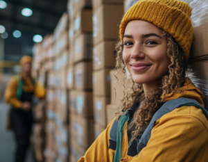 Mujer con uniforme sonríe en un entorno de bodega con paquetes; en el fondo un empleado de logística.