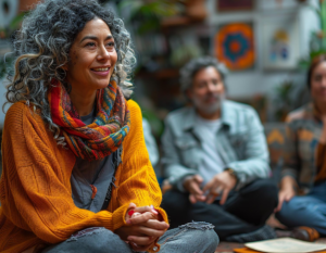 Mujer en medio de un grupo de personas.