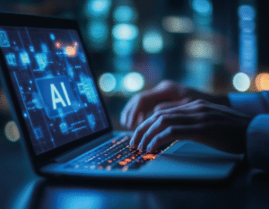 Manoos de una persona digitando en teclado de computador portatil que proyecta las iniciales AI en pantalla.