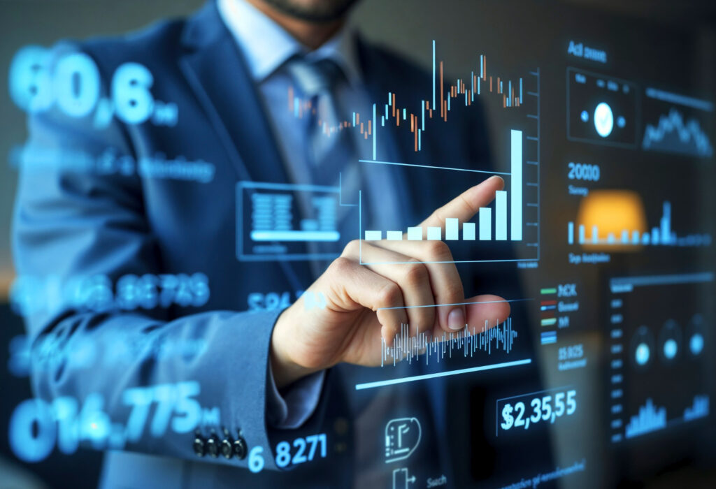 Hombre de negocios revisando gráficos financieros holográfico
