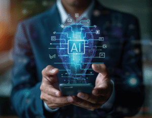 Hombre sostiene en sus manos un celular que proyecta de forma holográfica una cabeza de androide con las iniciales AI.