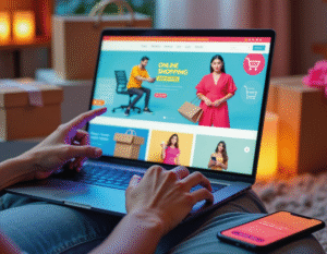 Manos de persona sobre teclado de computador portatil que proyecta en su pantalla una tienda en línea.