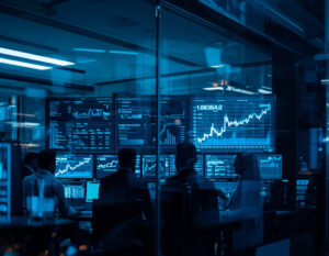 Grupo de personas realizando trading, en un entorno tecnológico, viendo pantallas con diagramas de vela