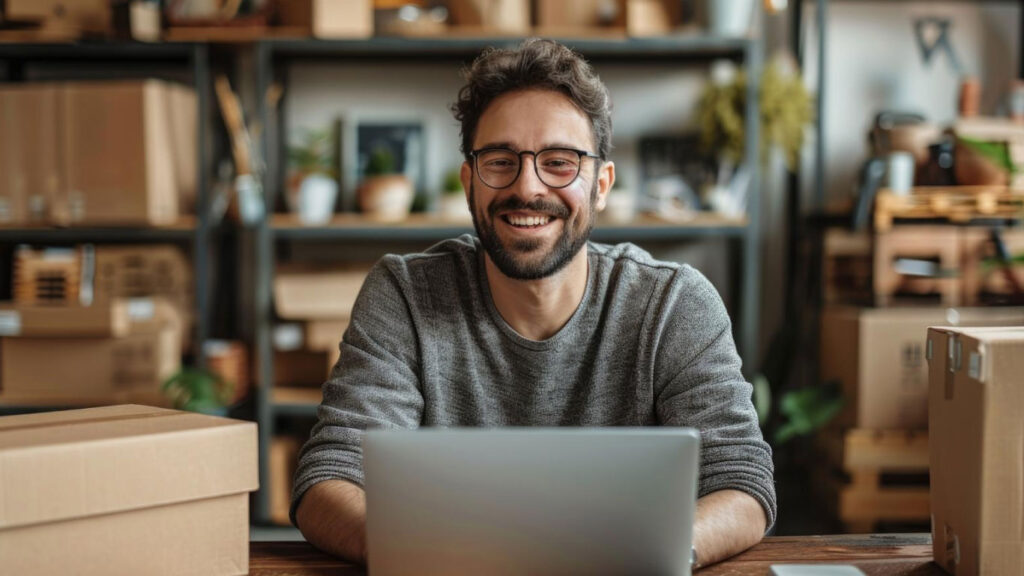 Hombre con un computador portátil en su lugar de trabajo donde hay cajas de cartón.