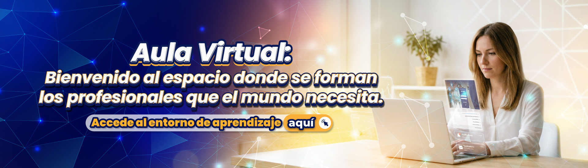 Banner de acceso al aula virtual de la UCN. Allí hay una mujer al frente de un computador portátil.
