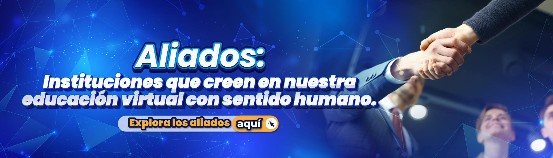 Banner de aliados institucionales de la UCN. En el diseño aparece un apretón de manos representando alianza y un fondo azul con elementos tecnológicos