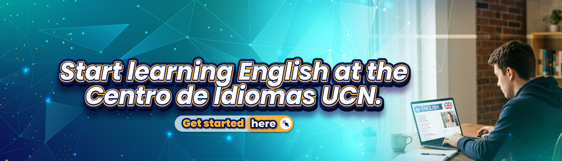 Banner Centro de Idiomas. Joven estudiando inglés en su laptop dentro de un ambiente moderno, acompañado de un fondo digital azul