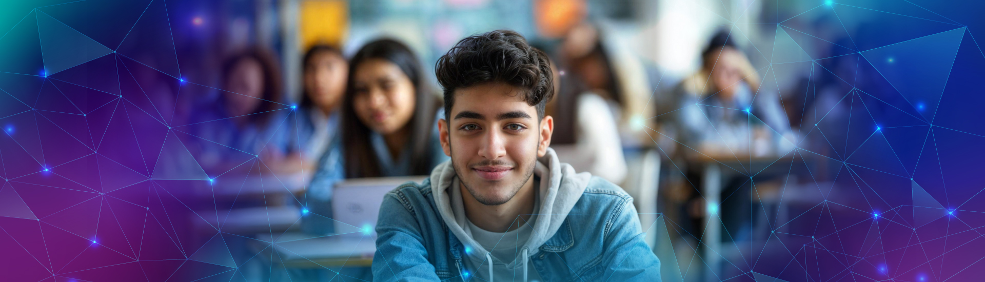 Estudiante en aula de clase con compañeros.