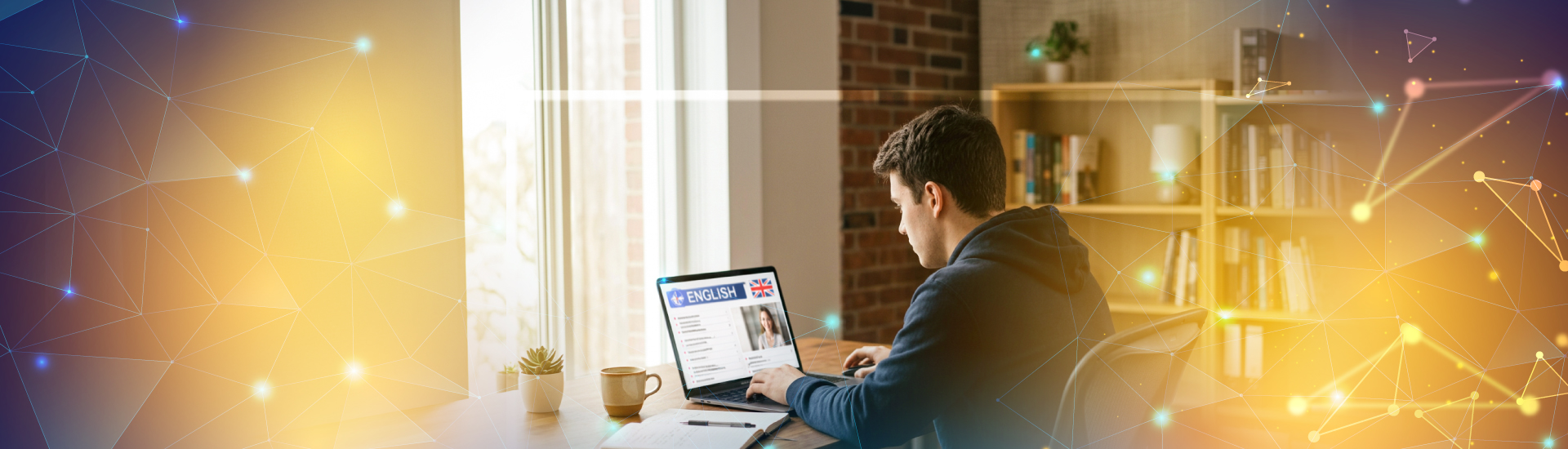 Joven estudiando inglés en portátil.